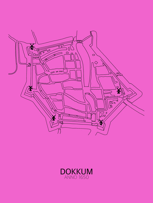 DOKKUM ROZE PLATTEGROND POSTER INGELIJST